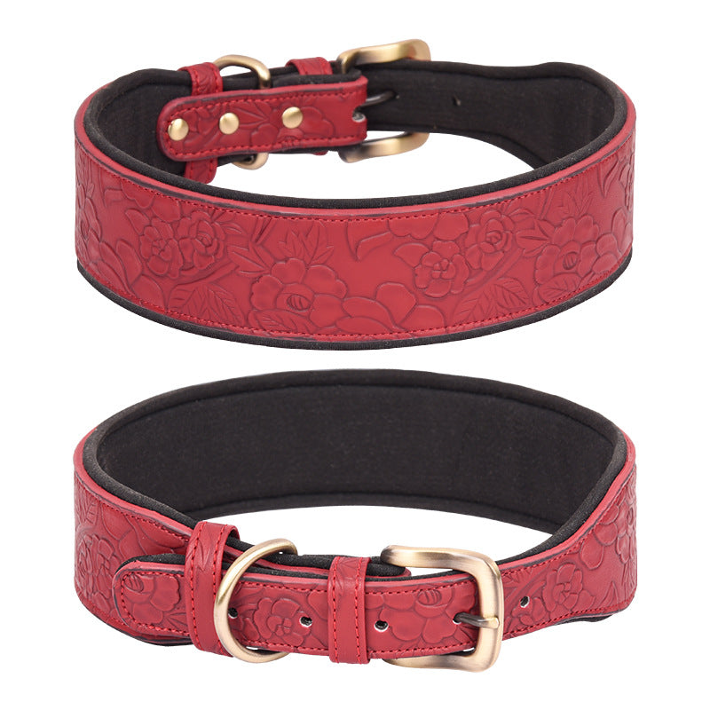 KFX-4272573 Embossed Leather Dog Collar with Soft Cotton Lining - Available in Multiple Colors