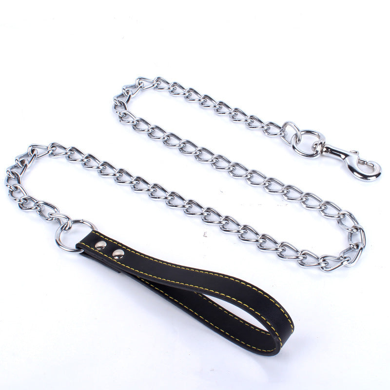 KFX-4276157 Durable Iron Chain Dog Traction Strap with PU Handle - 1.2m Length, Anti-Bite Design