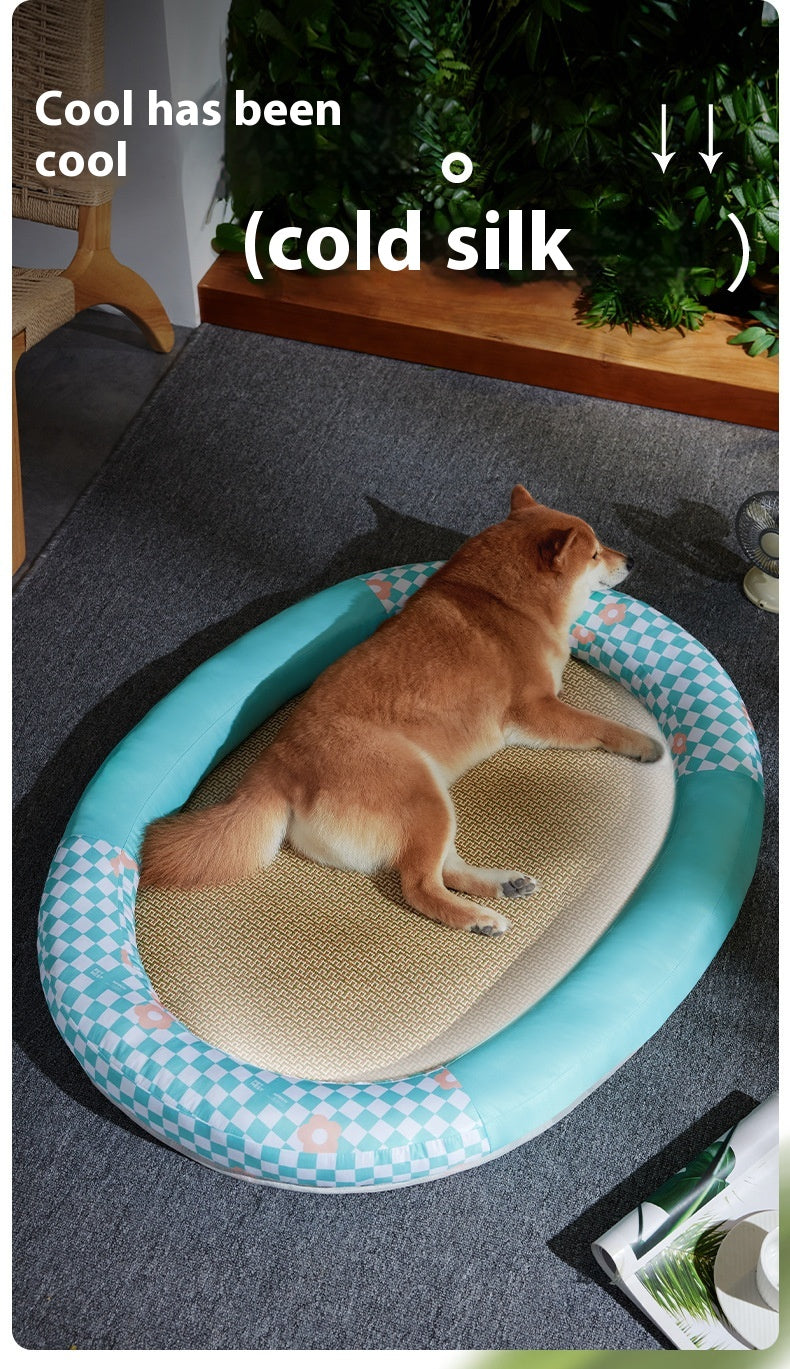 KFX-4276413 Cooling Pet Mat - Ice Silk Fabric Oval Shape in Green Plaid, Orange Rabbit Radish, Yellow Bear Styles