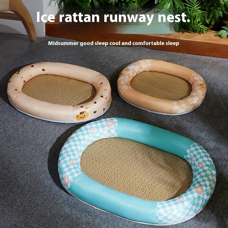 KFX-4276413 Cooling Pet Mat - Ice Silk Fabric Oval Shape in Green Plaid, Orange Rabbit Radish, Yellow Bear Styles