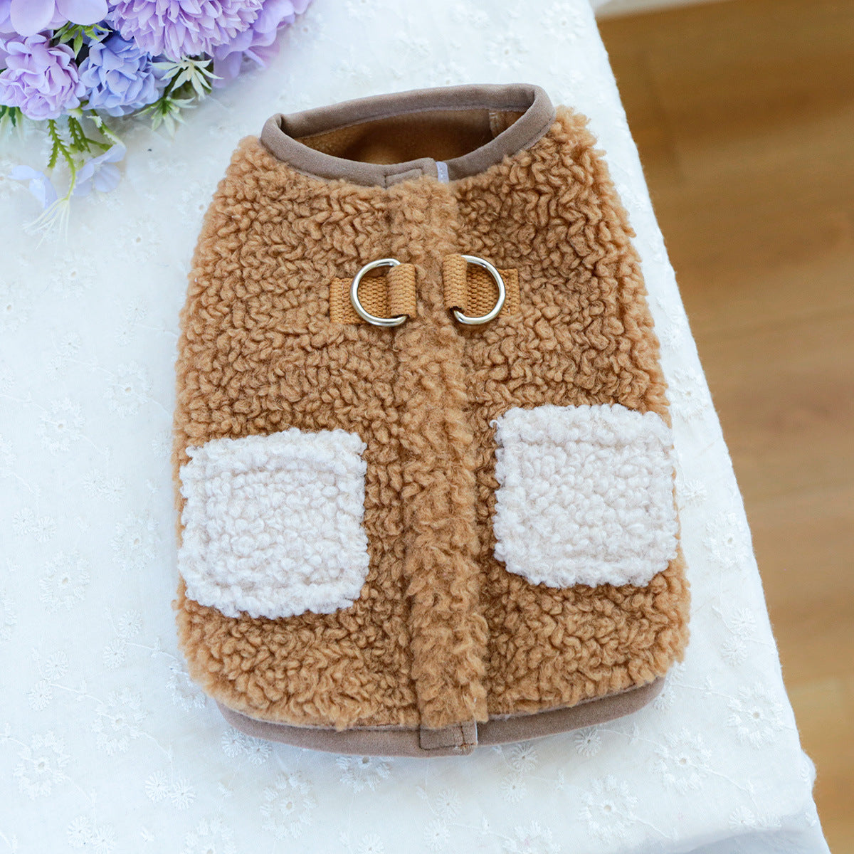 KFX-4287677 Cozy Pocket Vest for Pets in Pink and Brown - Casual Polyester Clothing, Multiple Sizes Available