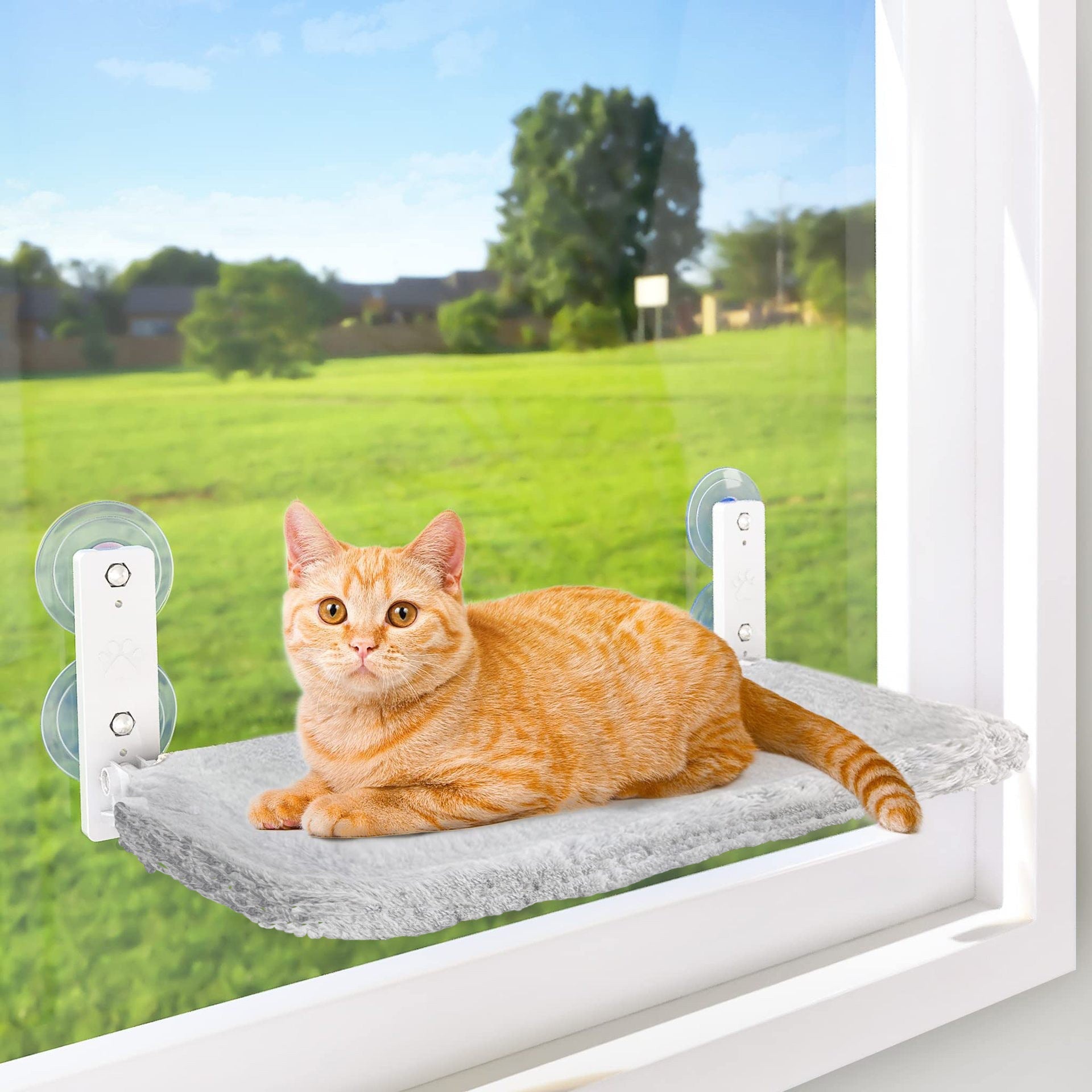 KFX-4289469 Cordless Folding Cat Hammock in Gray Plush and Beige Mesh - Standard & Large Sizes