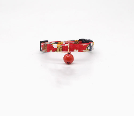 KFX-4289853 Lightweight Adjustable Red Plaid Pet Collar with Heart, Shiba Inu, and Floral Designs
