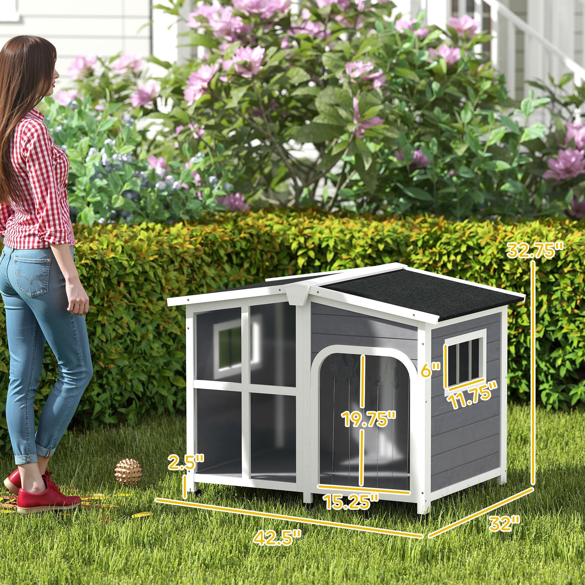 KFX-4291517 Large Dark Gray Wooden Dog House with Openable Roof and Giant Window, Weatherproof Design for Outdoor Use