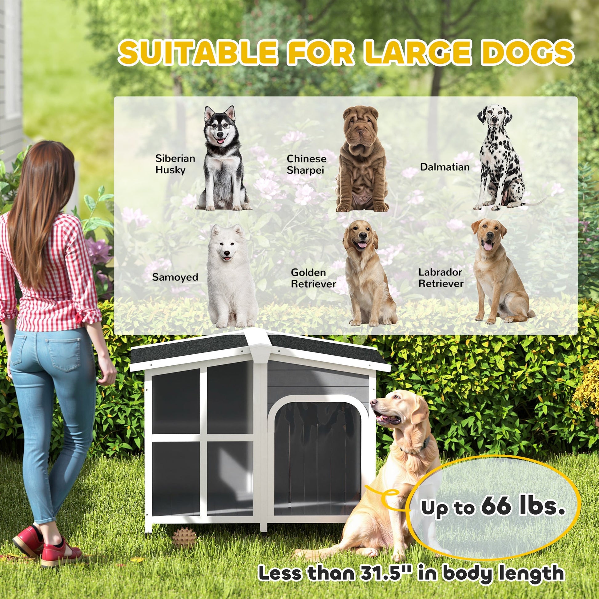 KFX-4291517 Large Dark Gray Wooden Dog House with Openable Roof and Giant Window, Weatherproof Design for Outdoor Use
