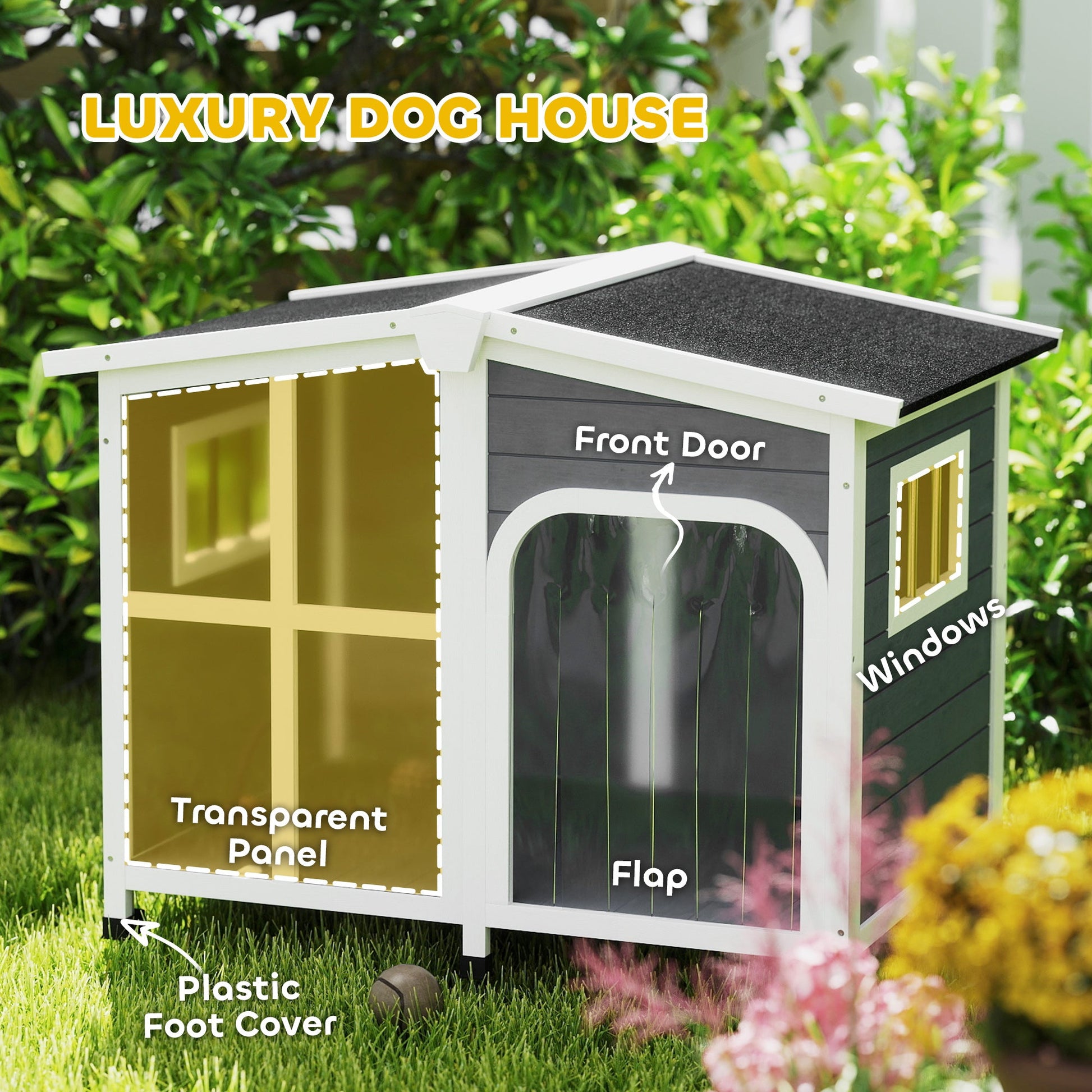 KFX-4291517 Large Dark Gray Wooden Dog House with Openable Roof and Giant Window, Weatherproof Design for Outdoor Use