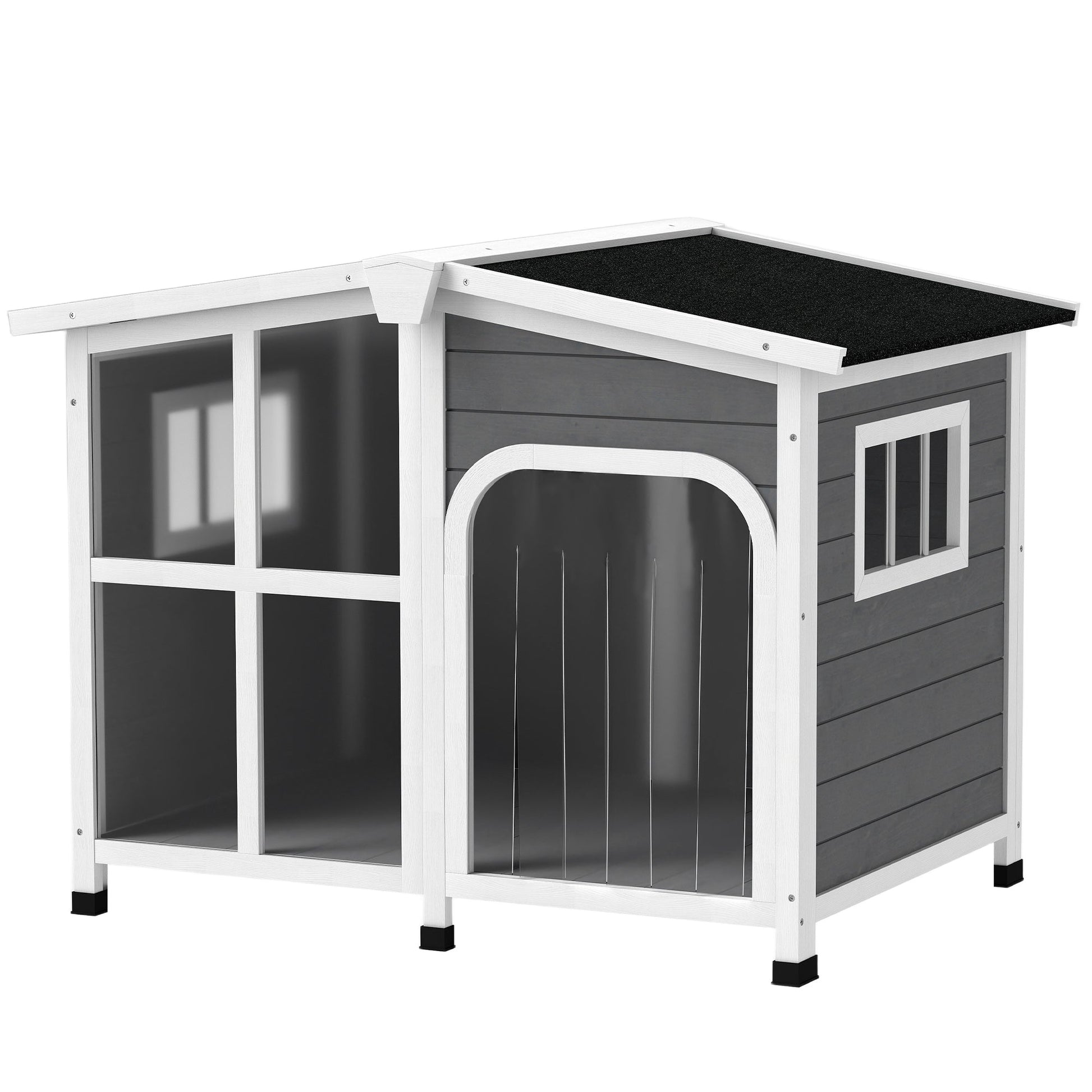 KFX-4291517 Large Dark Gray Wooden Dog House with Openable Roof and Giant Window, Weatherproof Design for Outdoor Use