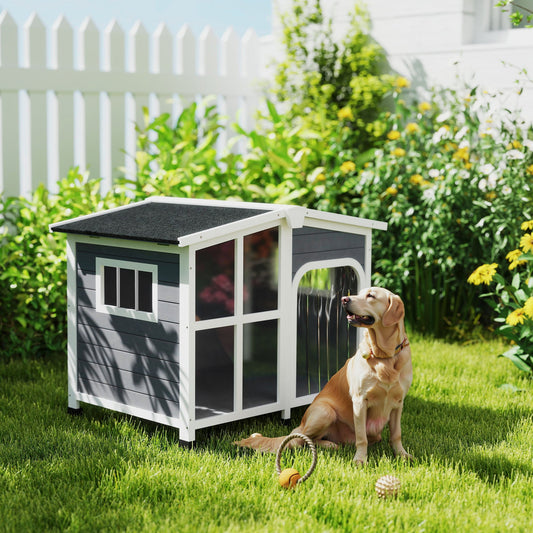KFX-4291517 Large Dark Gray Wooden Dog House with Openable Roof and Giant Window, Weatherproof Design for Outdoor Use
