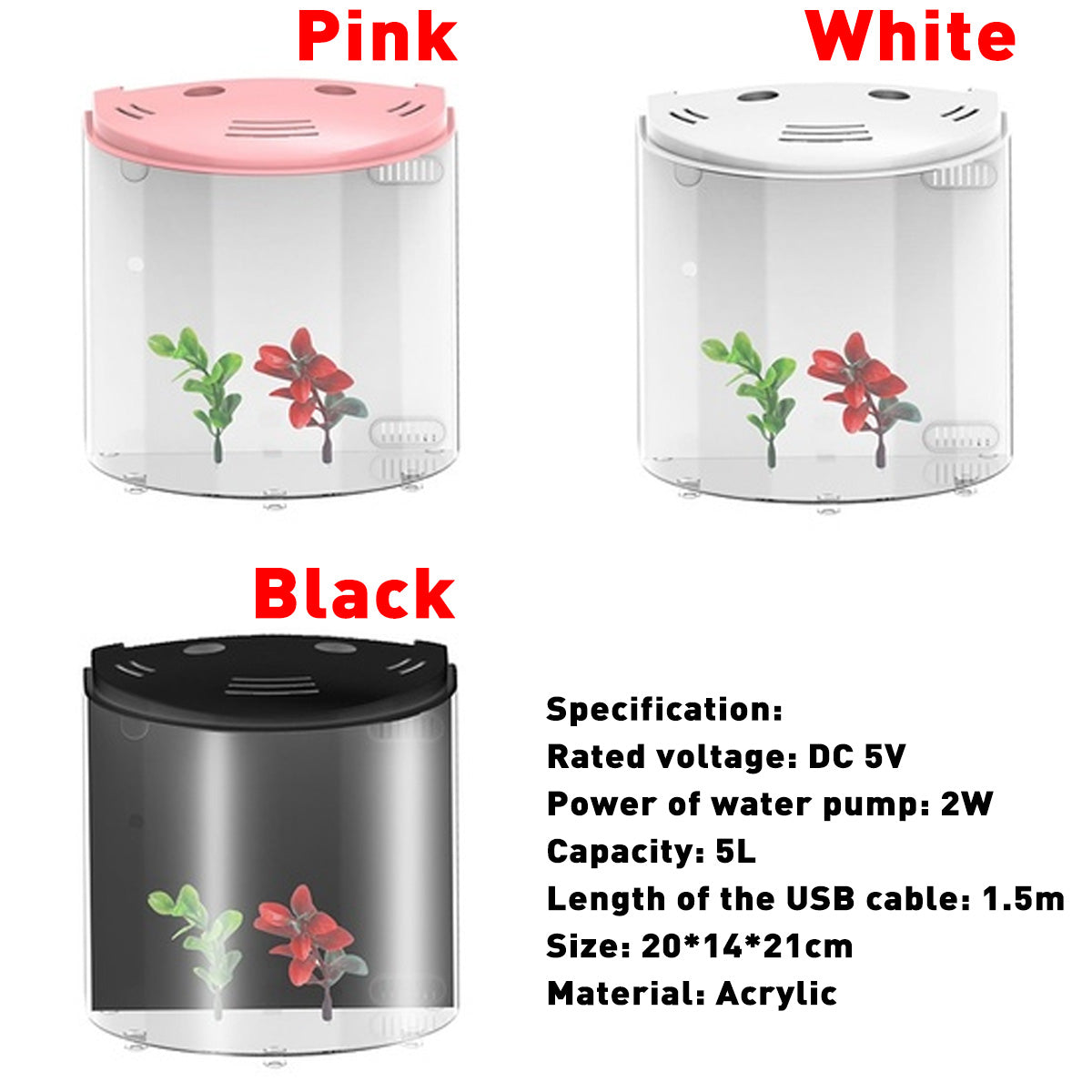 KFX-4296893 Acrylic Half-Moon Fish Tank with LED Light and Integrated Filtration, 5L Capacity, DC 5V, 21cm Height