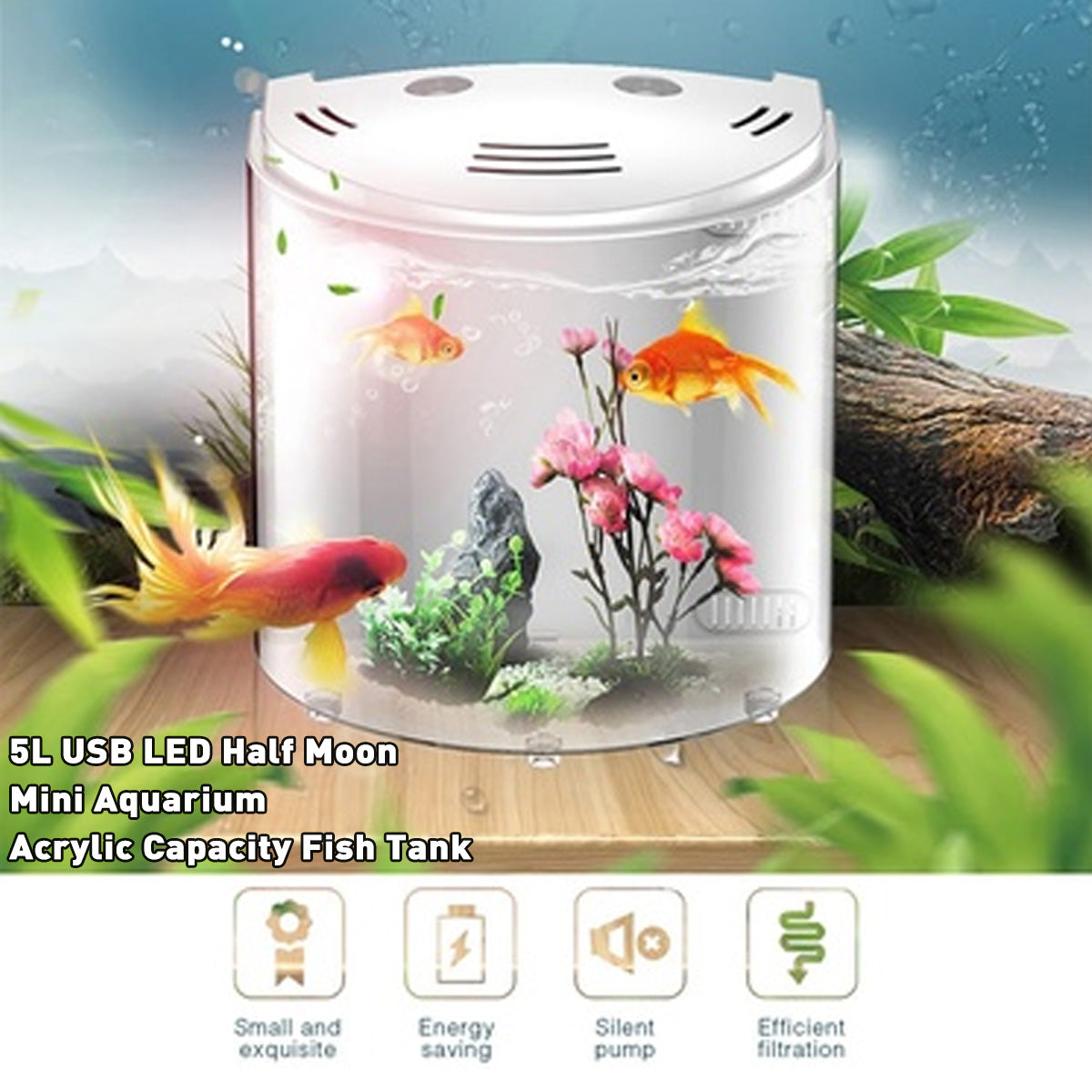 KFX-4296893 Acrylic Half-Moon Fish Tank with LED Light and Integrated Filtration, 5L Capacity, DC 5V, 21cm Height
