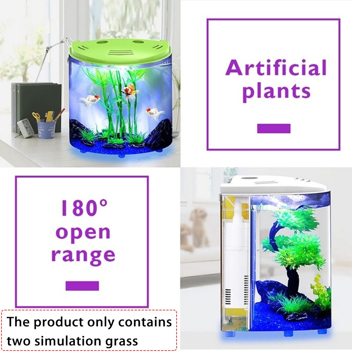 KFX-4296893 Acrylic Half-Moon Fish Tank with LED Light and Integrated Filtration, 5L Capacity, DC 5V, 21cm Height