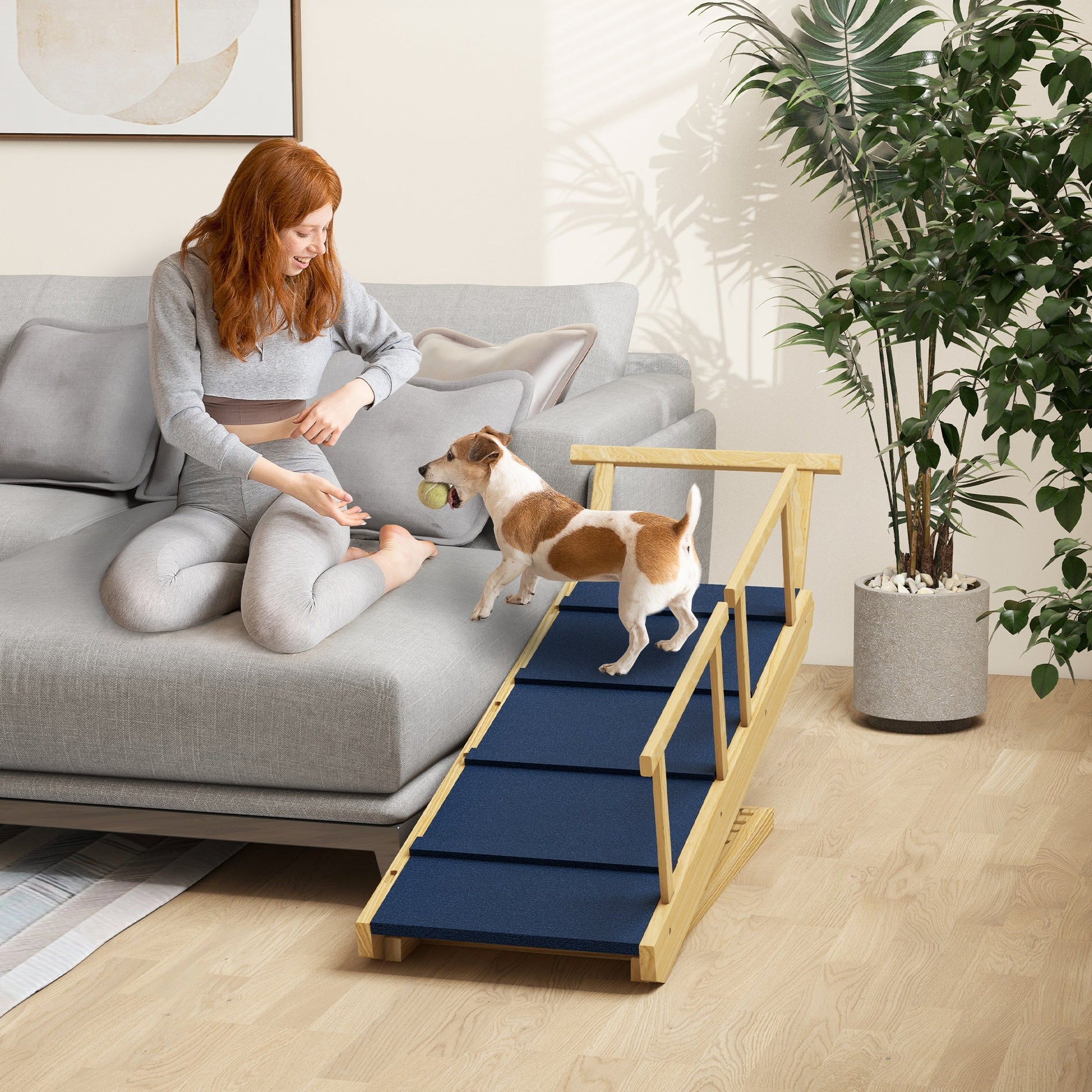 KFX-4299069 PawHut Dog Ramp with Removable Guardrails - Pine Wood, Non-Slip Surface, 20° Slope for Pets Under 88 lbs