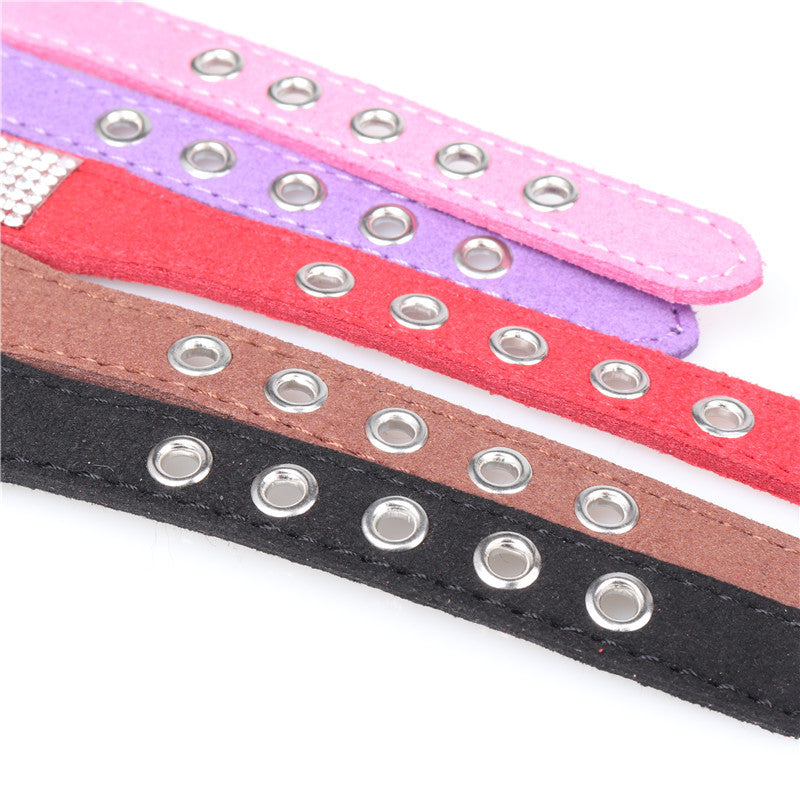 KFX-4301373 Microfiber Rhinestone Dog Collar - Adjustable PU Leather in Red, Black, Purple, Brown, and Powder Options