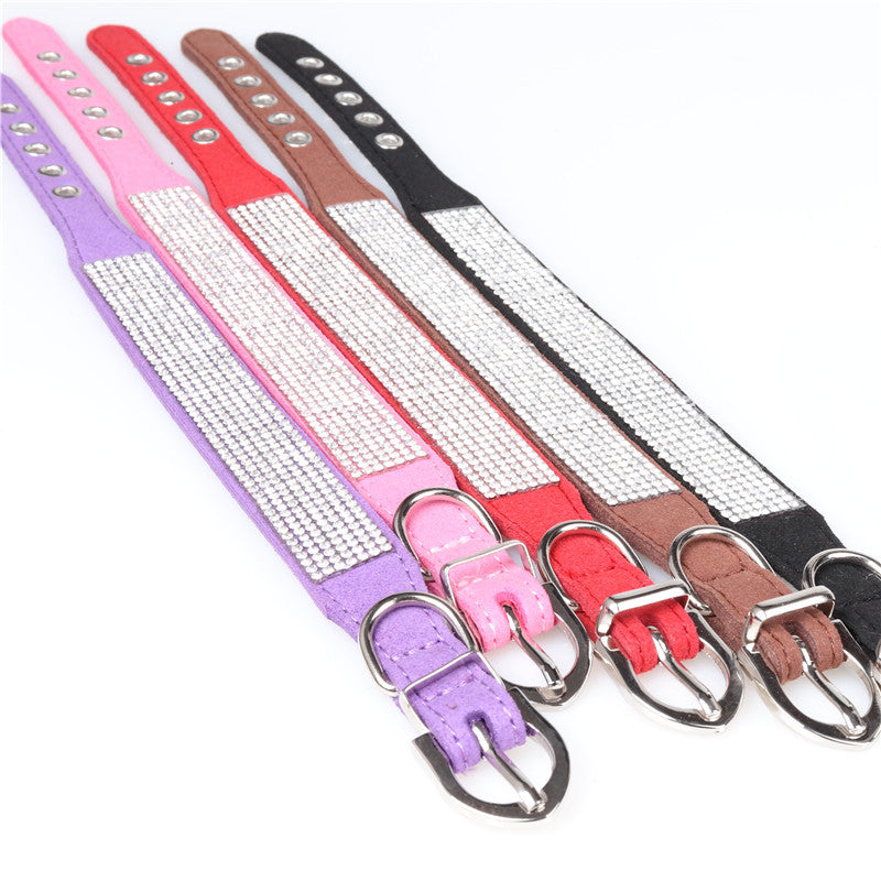 KFX-4301373 Microfiber Rhinestone Dog Collar - Adjustable PU Leather in Red, Black, Purple, Brown, and Powder Options