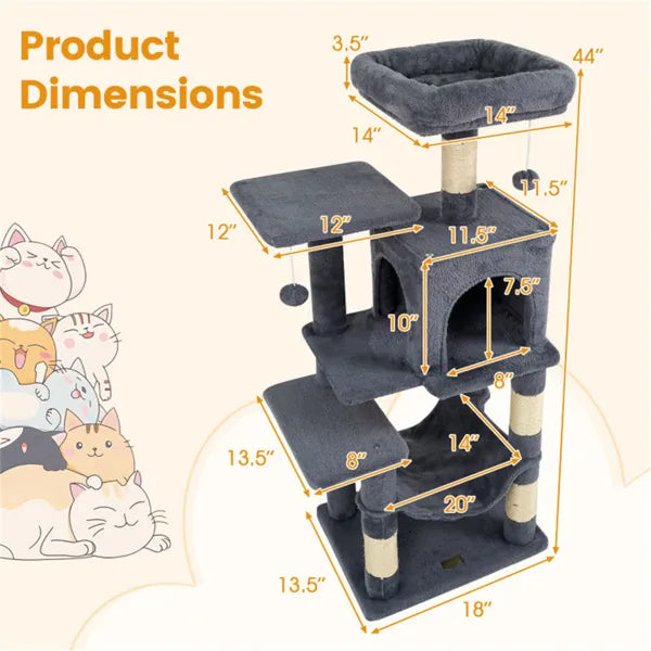 KFX-4308797 Multi-Level Cat Tree with Spacious Top Perch, Condo and Hammock for Indoor Cats - Gray