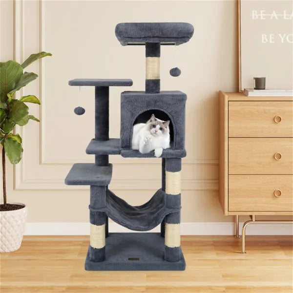 KFX-4308797 Multi-Level Cat Tree with Spacious Top Perch, Condo and Hammock for Indoor Cats - Gray