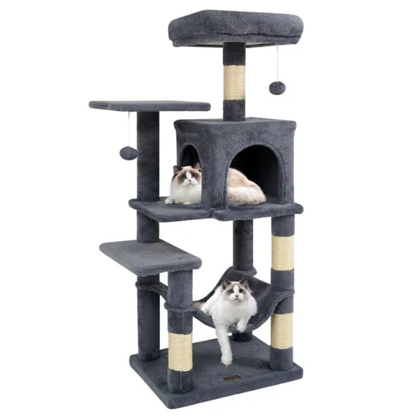 KFX-4308797 Multi-Level Cat Tree with Spacious Top Perch, Condo and Hammock for Indoor Cats - Gray
