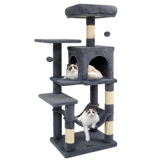 KFX-4308797 Multi-Level Cat Tree with Spacious Top Perch, Condo and Hammock for Indoor Cats - Gray