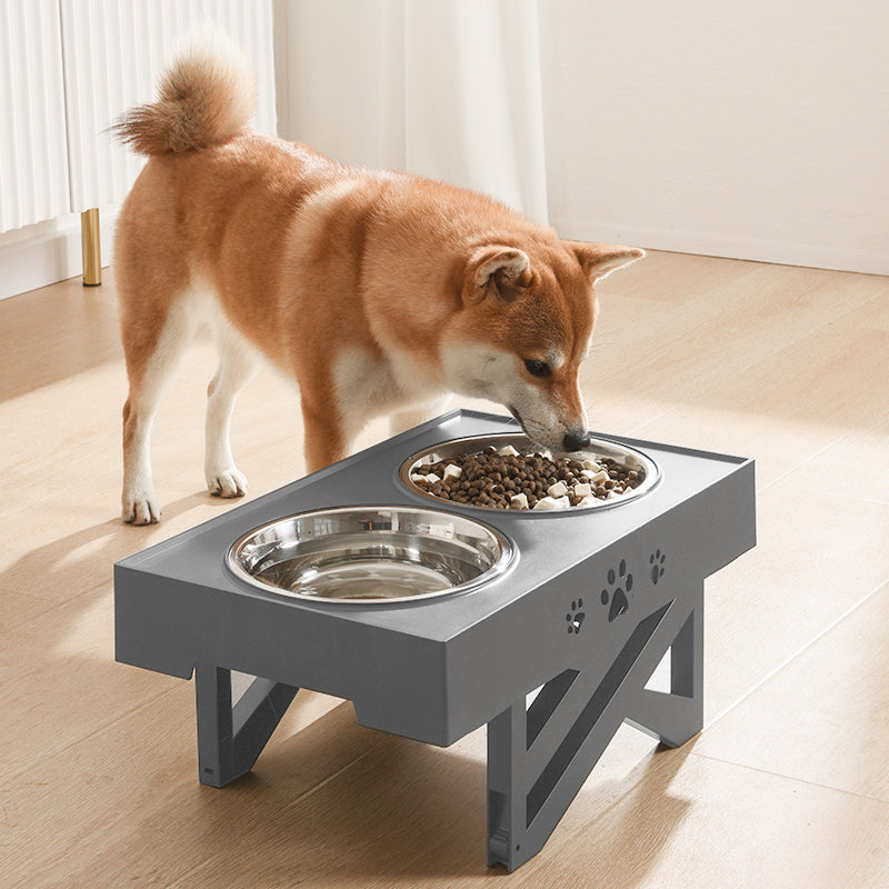 KFX-4309309 Adjustable Stainless Steel Double Bowl Slow Feeder for Pets with Ergonomic Design