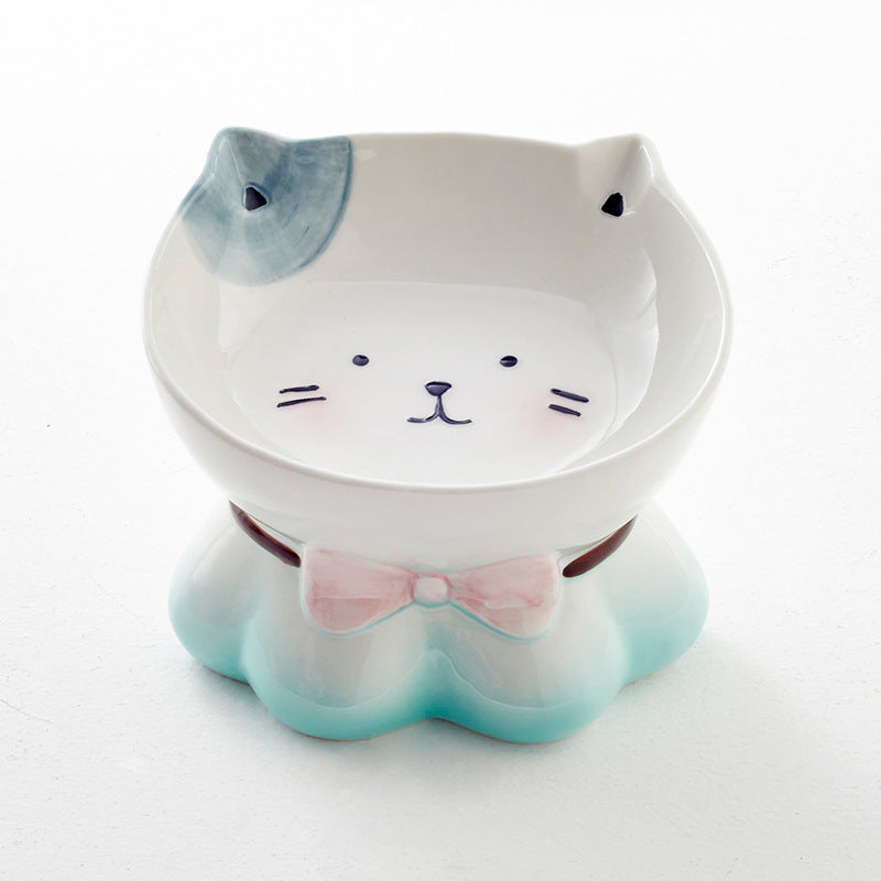 KFX-4315069 Ceramic Cat Bowl for Healthy Eating - Pink and Blue, 155g Grain & 300ml Water Capacity