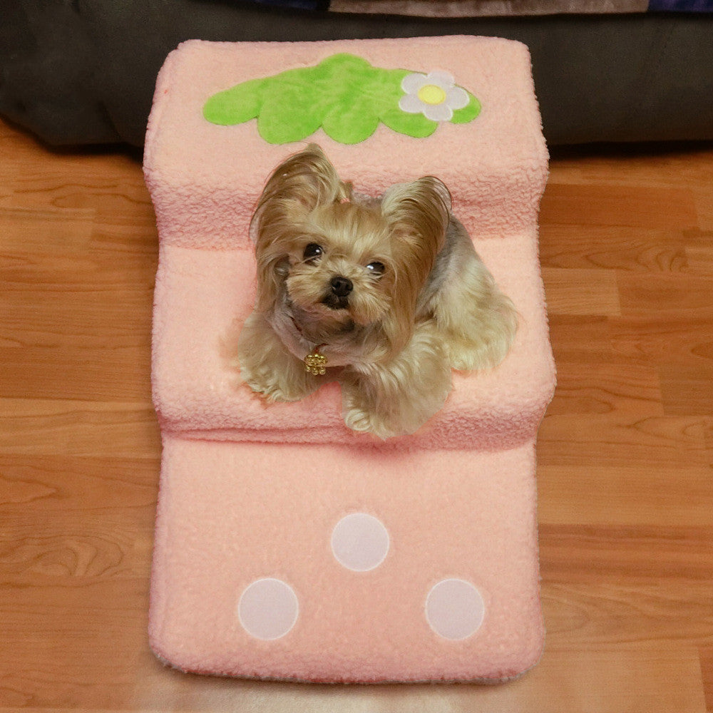KFX-4318141 Pet Climbing Ladder with Bubble Velvet Dog Steps - Soft Lamb Wool, Pink & Big Red, 65cm Length