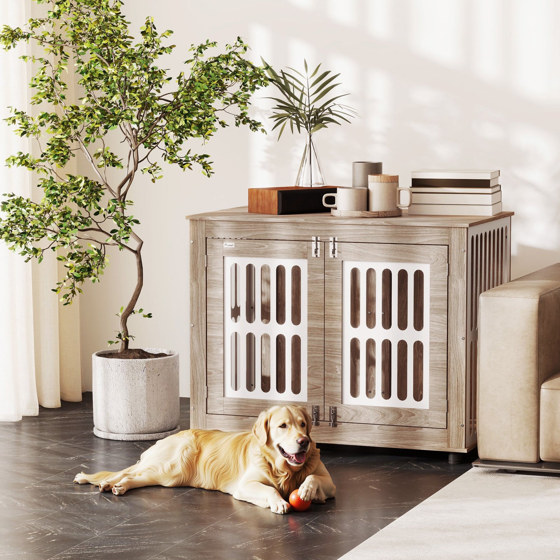 KFX-4318525 Elegant 39" Dog Crate Furniture with Double Doors, Adjustable Non-slip Feet, Ideal for Large Dogs, Walnut Brown
