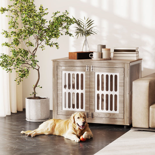 KFX-4318525 Elegant 39" Dog Crate Furniture with Double Doors, Adjustable Non-slip Feet, Ideal for Large Dogs, Walnut Brown