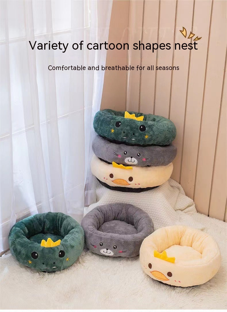 KFX-4318909 Universal Cartoon Embroidery Winter Warm Pet Bed in Yellow Duck, Frog, Blue Cat - Various Sizes Available