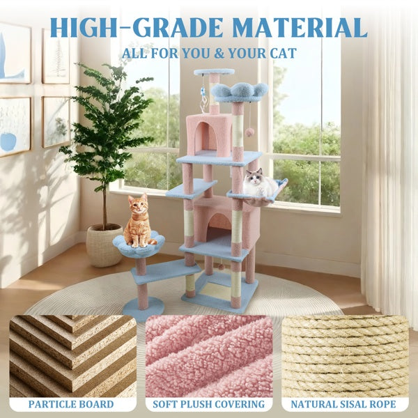 KFX-4323901 71-Inch Blue Cat Tree with Large Condo, Removable Flower Cushion, and Hammock