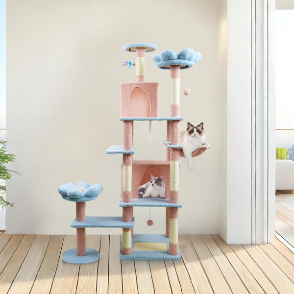 KFX-4323901 71-Inch Blue Cat Tree with Large Condo, Removable Flower Cushion, and Hammock