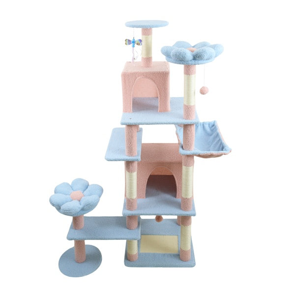 KFX-4323901 71-Inch Blue Cat Tree with Large Condo, Removable Flower Cushion, and Hammock