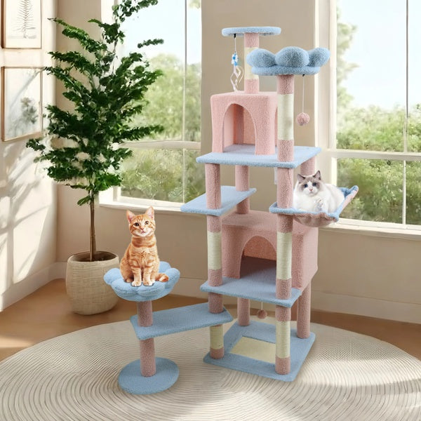 KFX-4323901 71-Inch Blue Cat Tree with Large Condo, Removable Flower Cushion, and Hammock