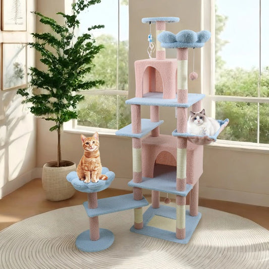 KFX-4323901 71-Inch Blue Cat Tree with Large Condo, Removable Flower Cushion, and Hammock