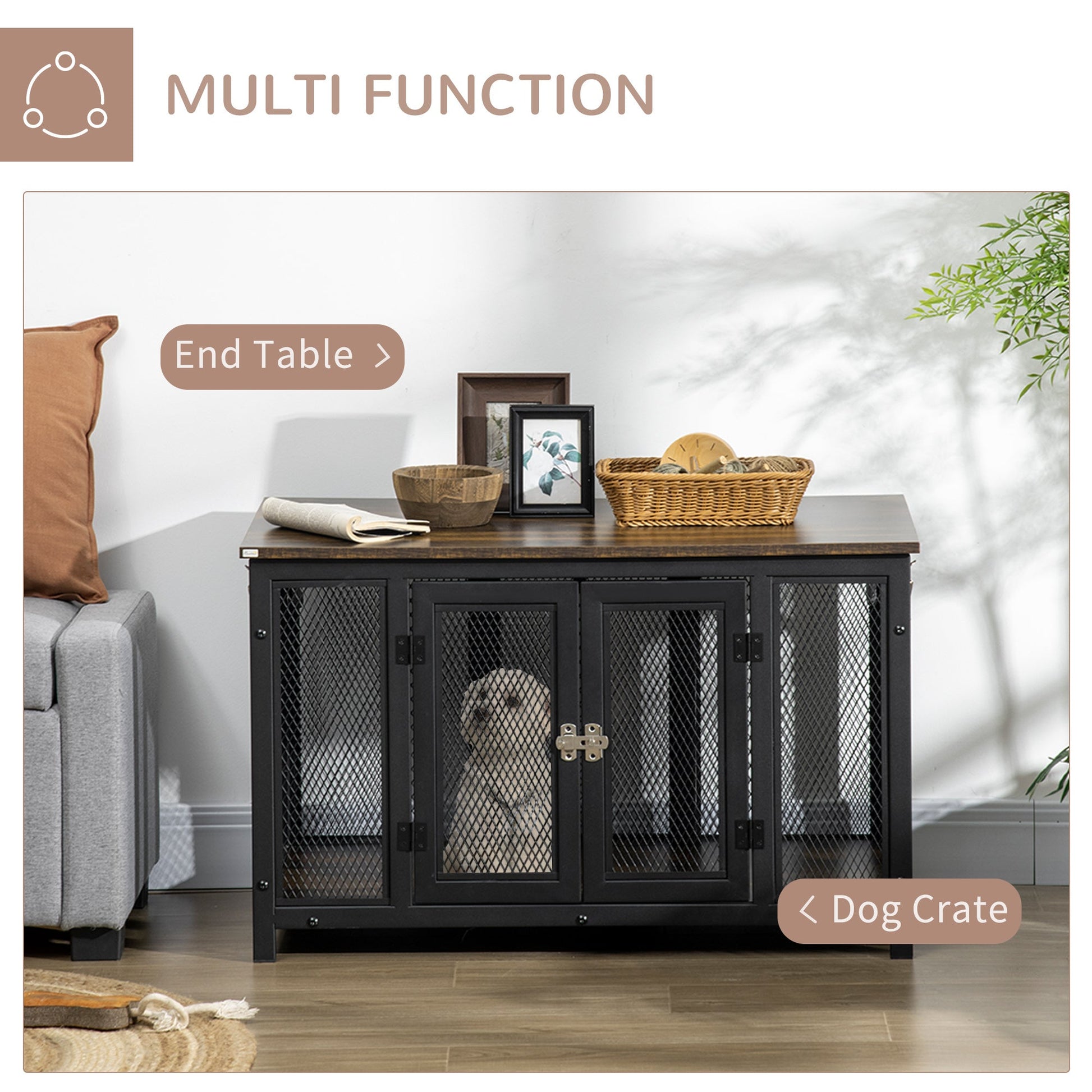 KFX-4324285 Stylish Dog Crate End Table with Openable Top, Spacious for Small Dogs, Durable Wooden Design