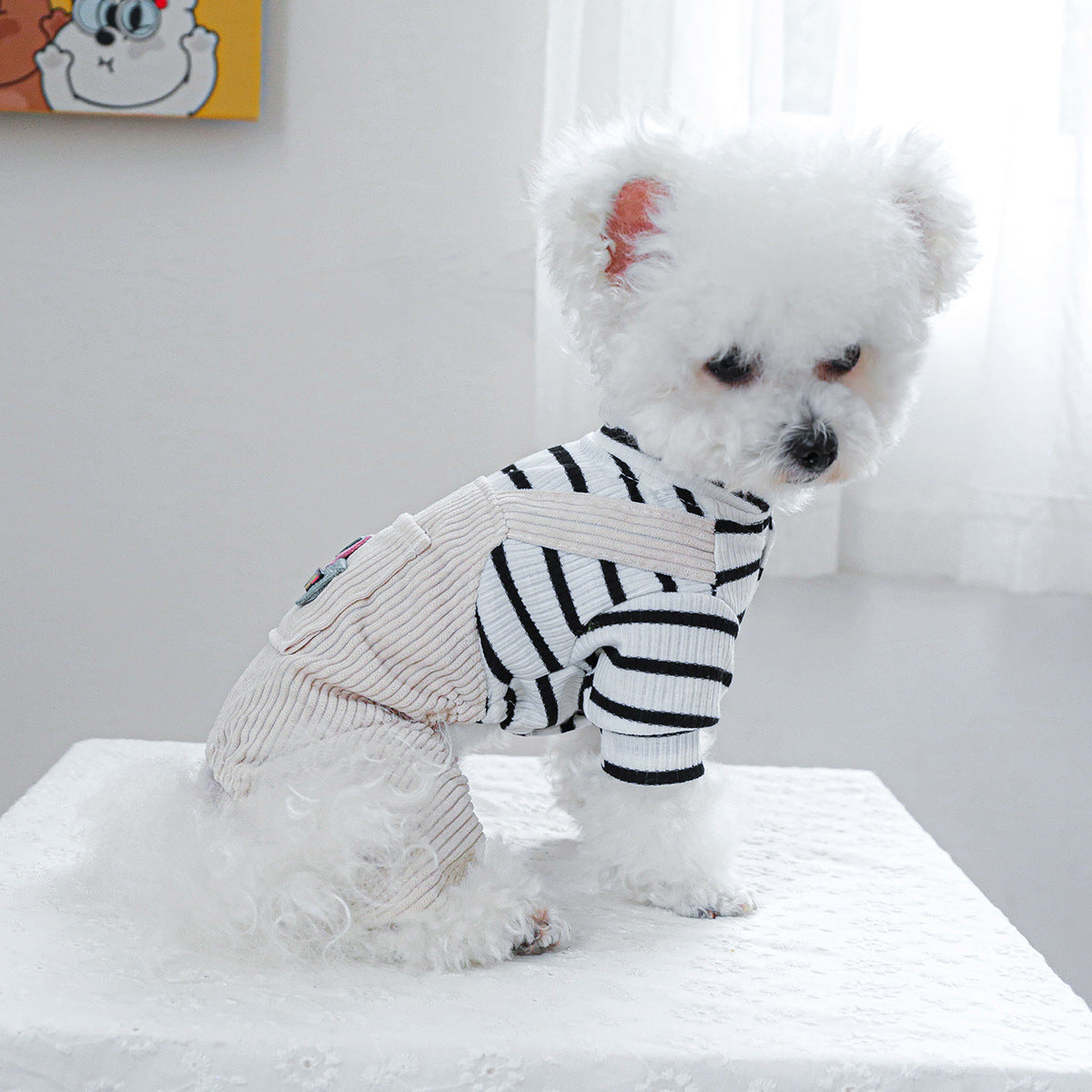 KFX-4326205 Black and White Striped Pocket Overalls for Pets in Casual Style