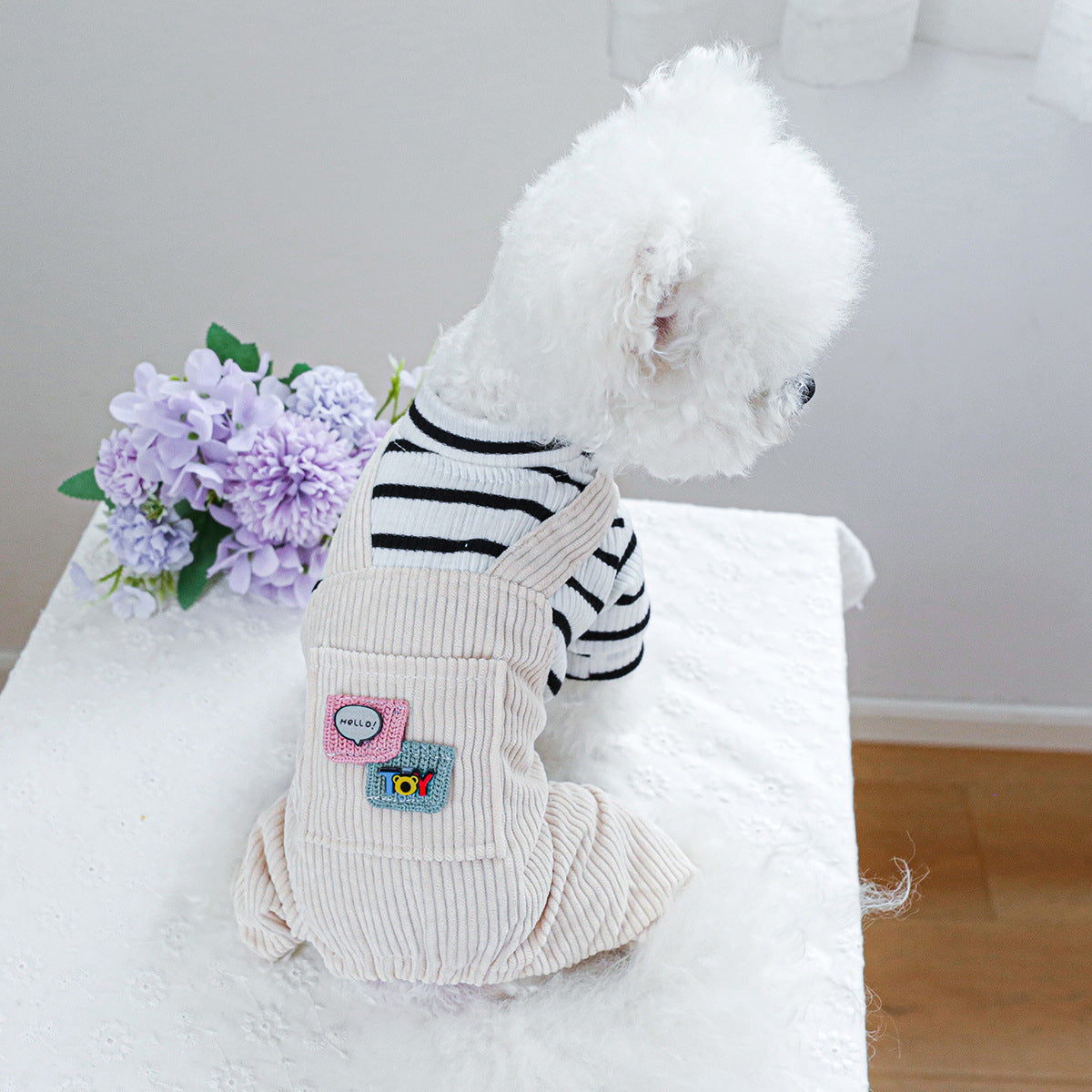 KFX-4326205 Black and White Striped Pocket Overalls for Pets in Casual Style