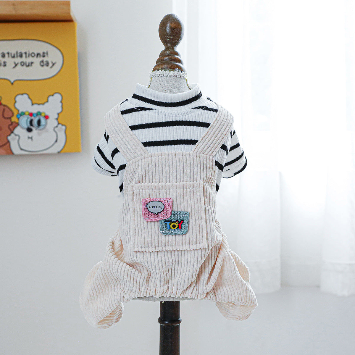 KFX-4326205 Black and White Striped Pocket Overalls for Pets in Casual Style