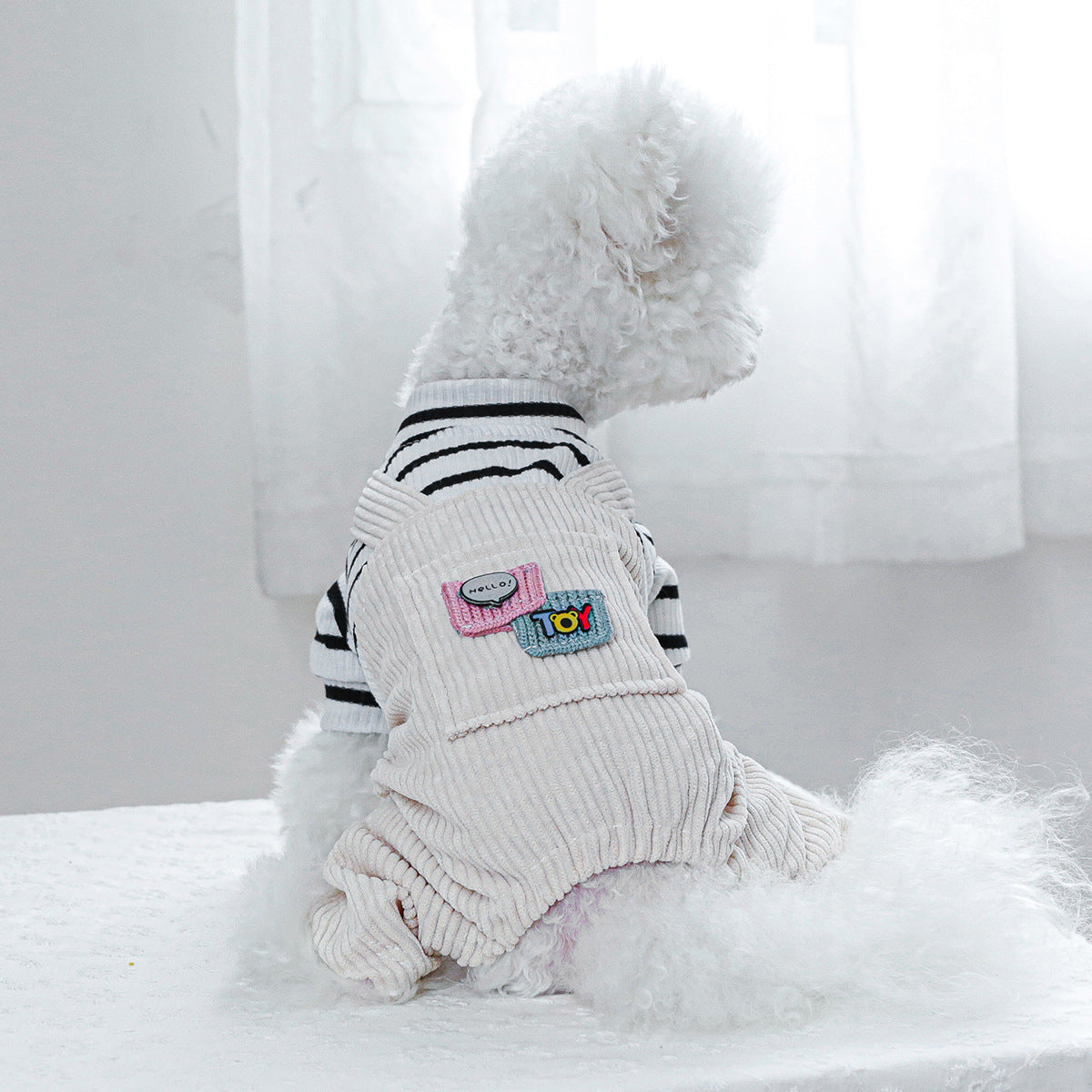 KFX-4326205 Black and White Striped Pocket Overalls for Pets in Casual Style