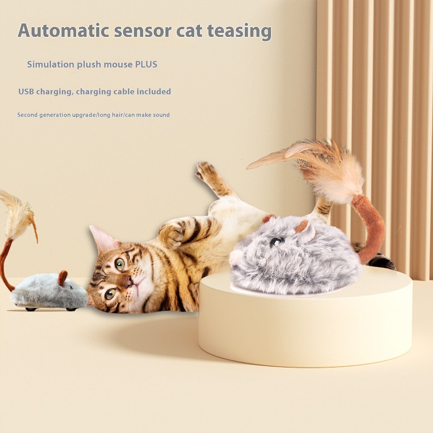 KFX-4331197 Interactive Plush Electric Mouse Cat Toy on a Pole for Self-Play and Stress Relief