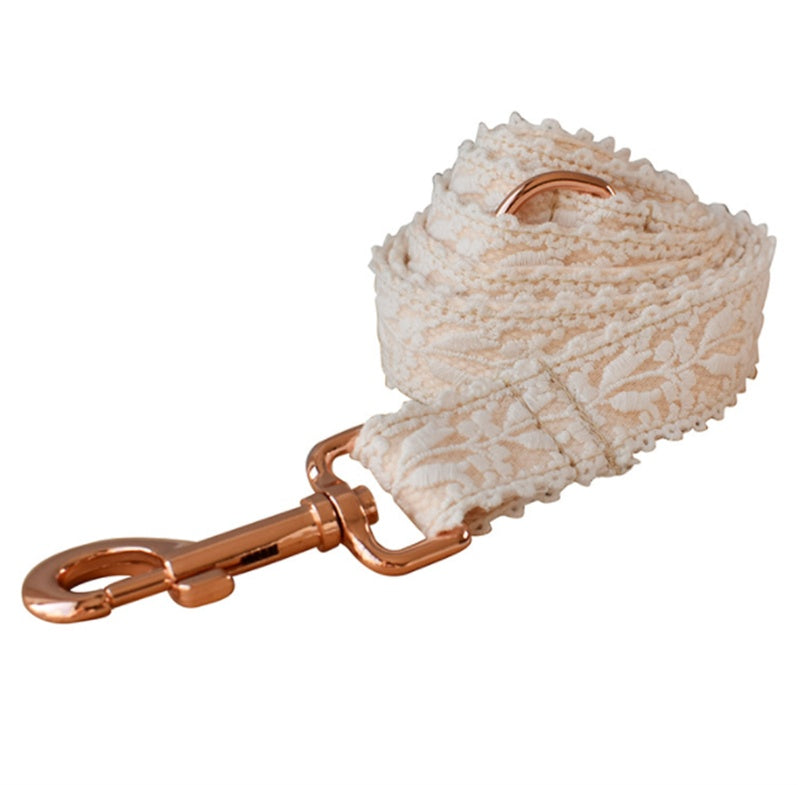 KFX-4337981 Lace Dog Collar with Bow and Metal Buckle - Adjustable Cotton Leash Set