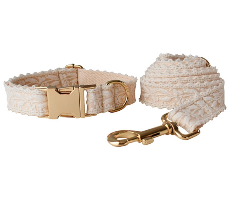 KFX-4337981 Lace Dog Collar with Bow and Metal Buckle - Adjustable Cotton Leash Set