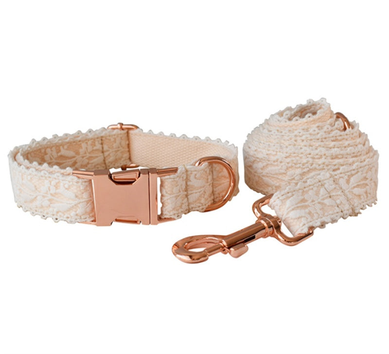 KFX-4337981 Lace Dog Collar with Bow and Metal Buckle - Adjustable Cotton Leash Set