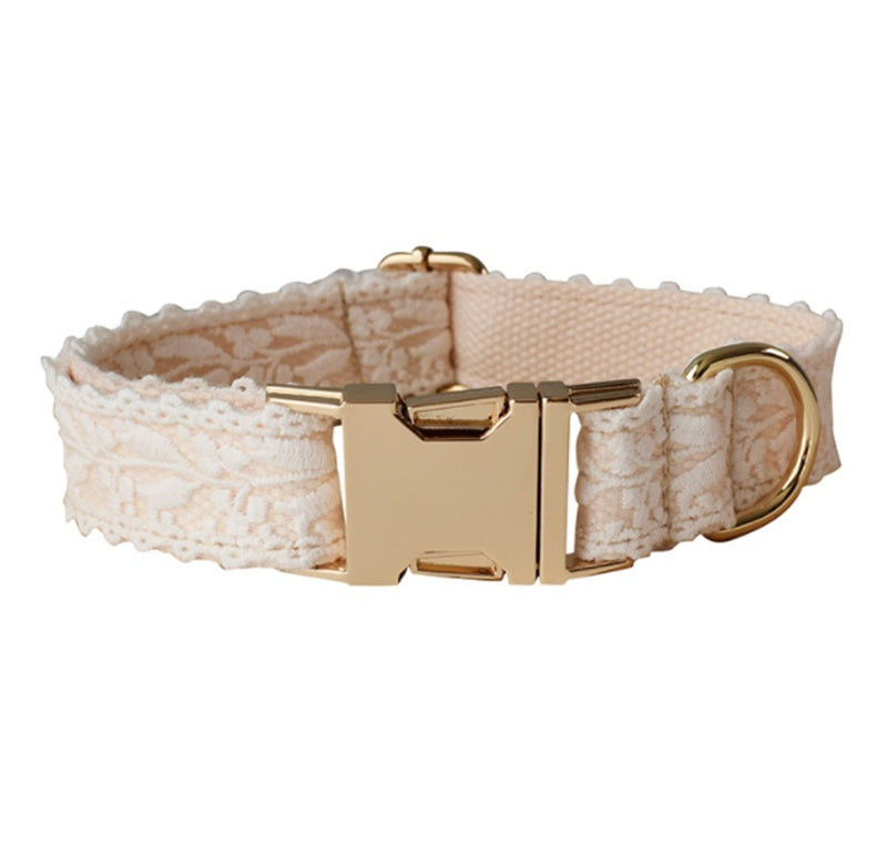 KFX-4337981 Lace Dog Collar with Bow and Metal Buckle - Adjustable Cotton Leash Set