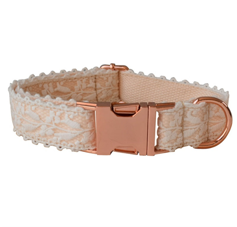 KFX-4337981 Lace Dog Collar with Bow and Metal Buckle - Adjustable Cotton Leash Set