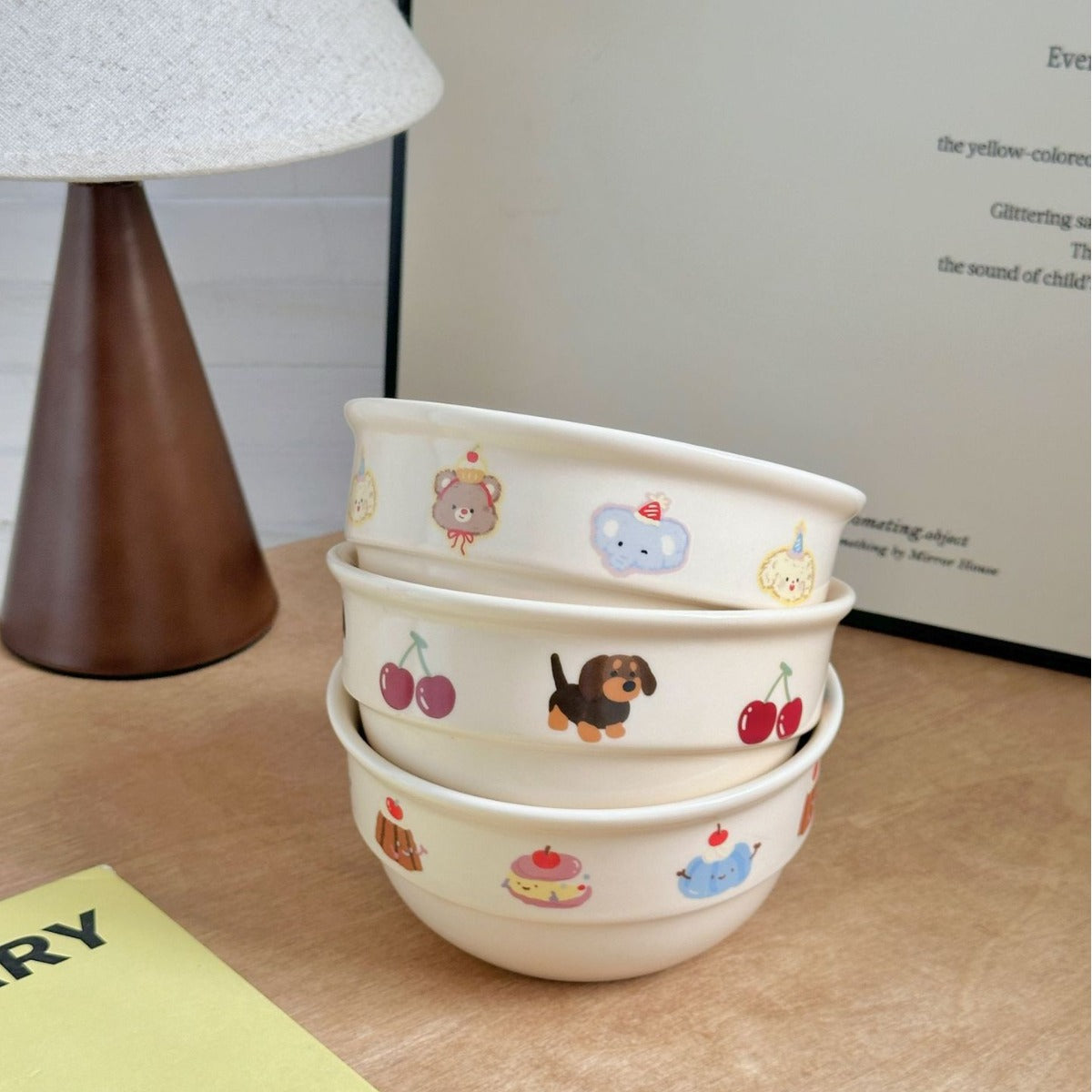 KFX-4342077 Cute Cartoon Cherry Sausage Dog Ceramic Bowl - Fun & Adorable Tableware for Kids
