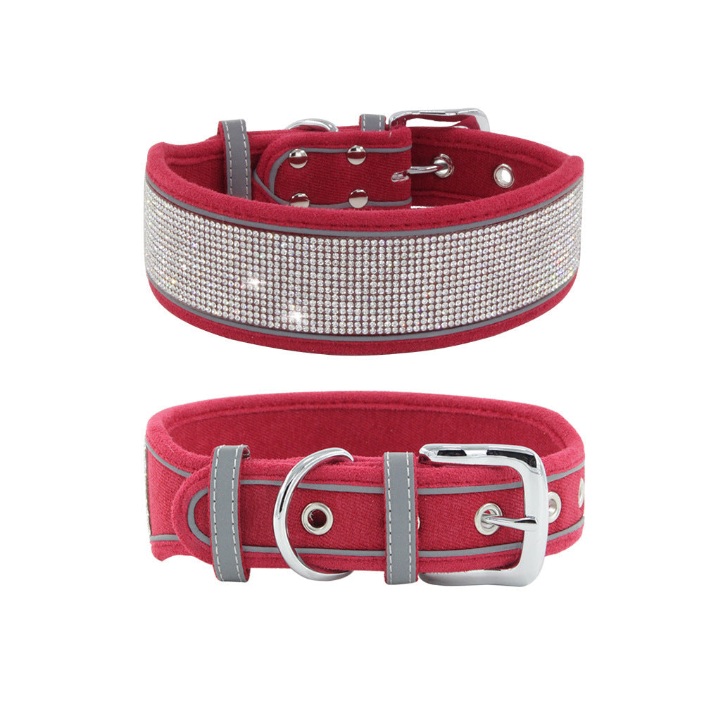 KFX-4343869 Suede Reflective Dog Collar with Comfortable Hand Holding Rope in Multiple Rhinestone Colors