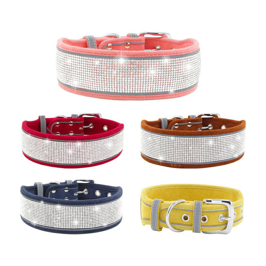KFX-4343869 Suede Reflective Dog Collar with Comfortable Hand Holding Rope in Multiple Rhinestone Colors