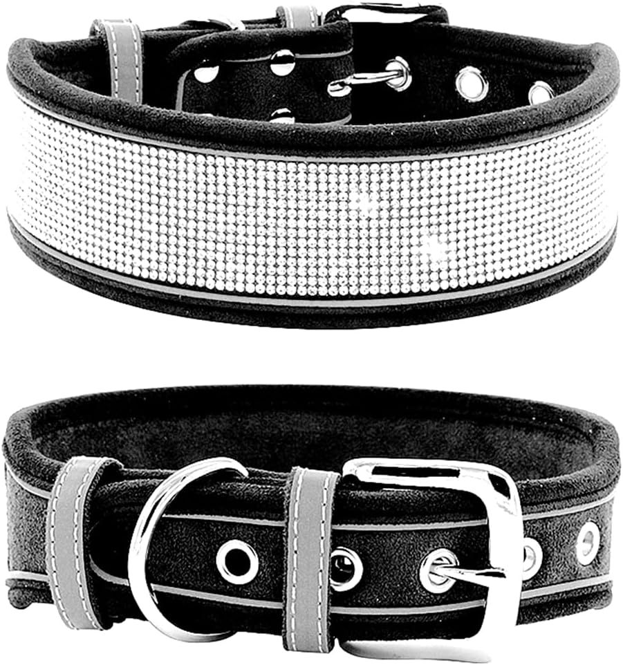 KFX-4343869 Suede Reflective Dog Collar with Comfortable Hand Holding Rope in Multiple Rhinestone Colors