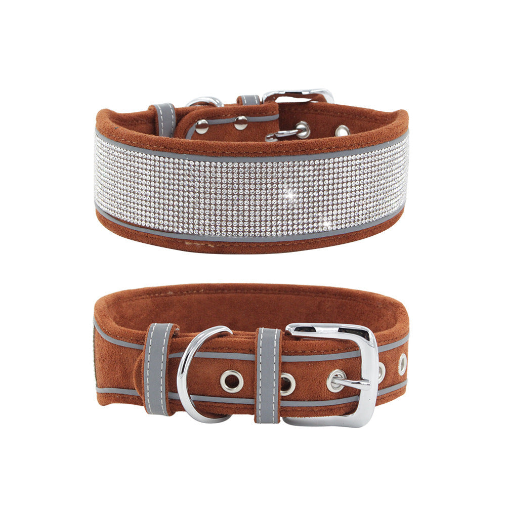 KFX-4343869 Suede Reflective Dog Collar with Comfortable Hand Holding Rope in Multiple Rhinestone Colors