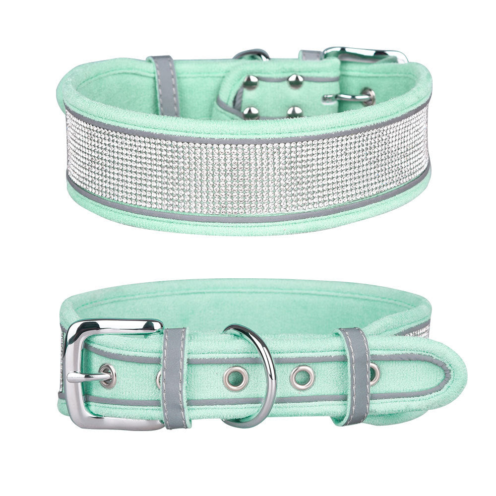 KFX-4343869 Suede Reflective Dog Collar with Comfortable Hand Holding Rope in Multiple Rhinestone Colors